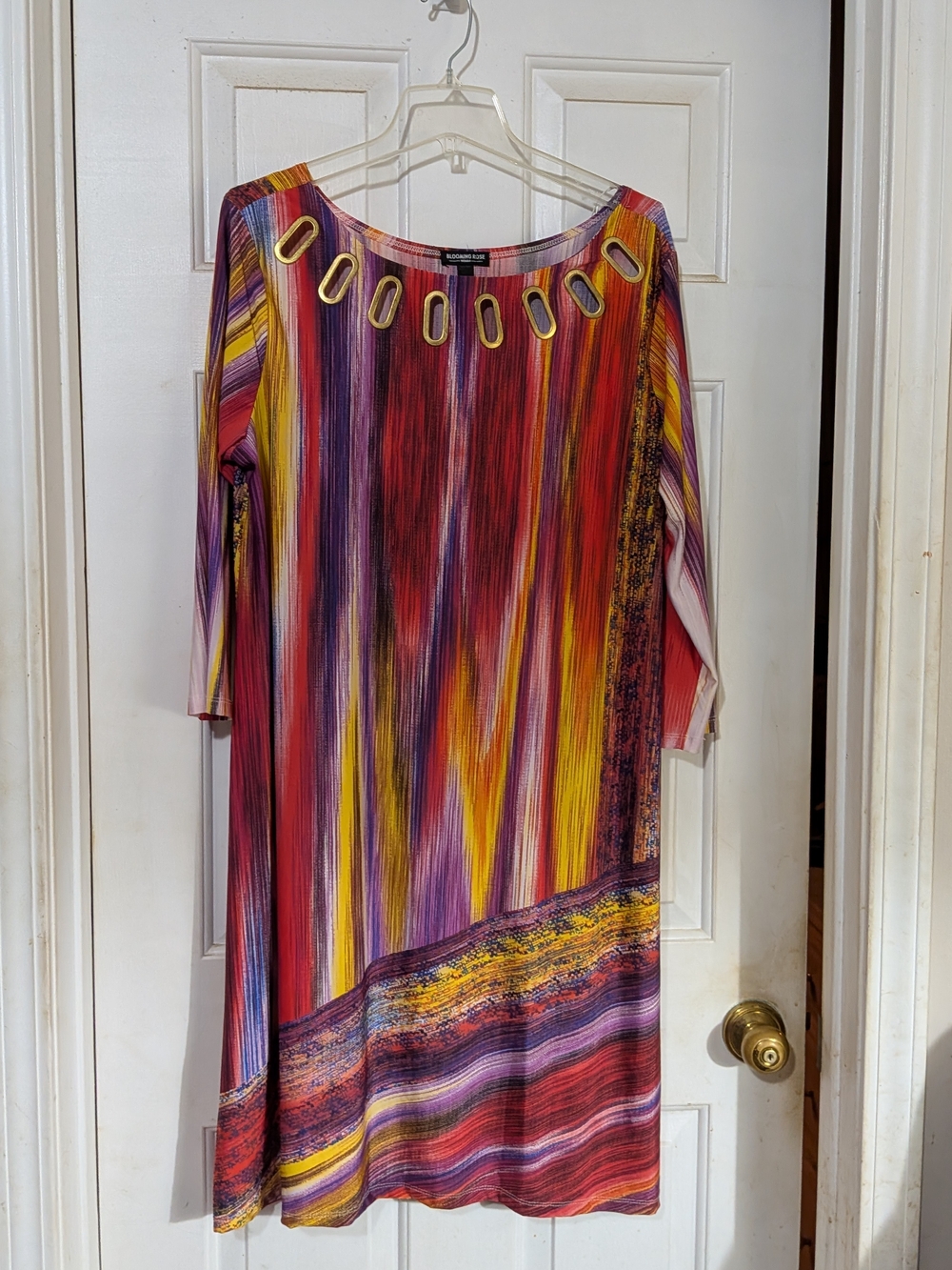 Vibrant Multicolor Stripe Midi Dress with Grommet Neckline